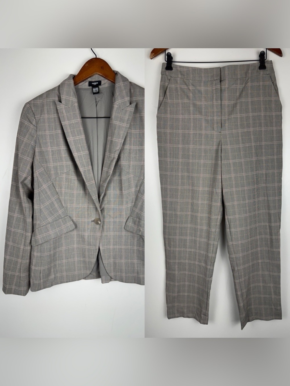 Express Editor Womens 2 Pc Suit Set Gray Plaid Blazer Large Pants 10 Workwear